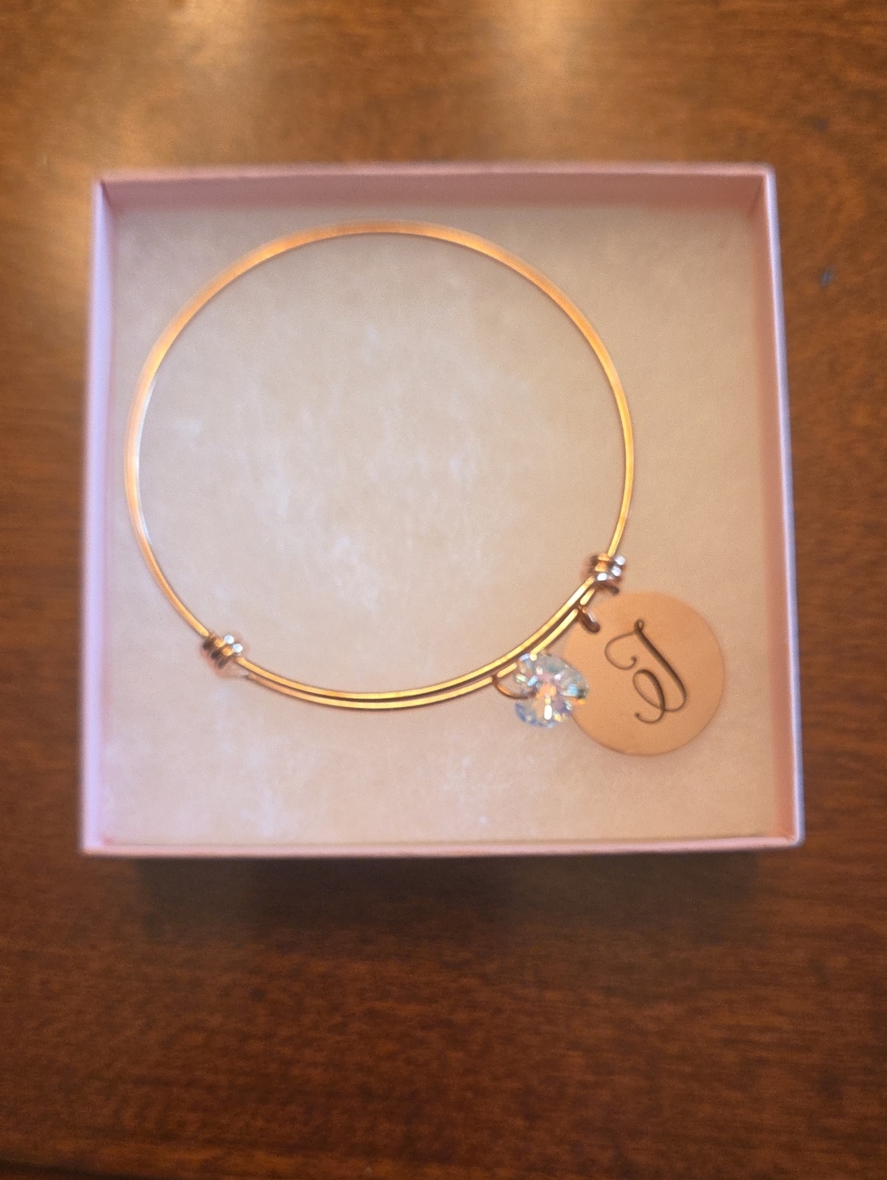 Rose Tone Initial Charm Bangle Bracelet with Crystal Accent "J" Letter